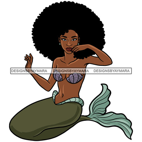 Mermaid Fairy Fish Girl Tail Fantasy Afro Woman Melanin Morena Bella Big Afro Puff Kinky Hair Designs For T-Shirt and Other Products SVG PNG JPG Cutting Files For Silhouette Cricut and More!