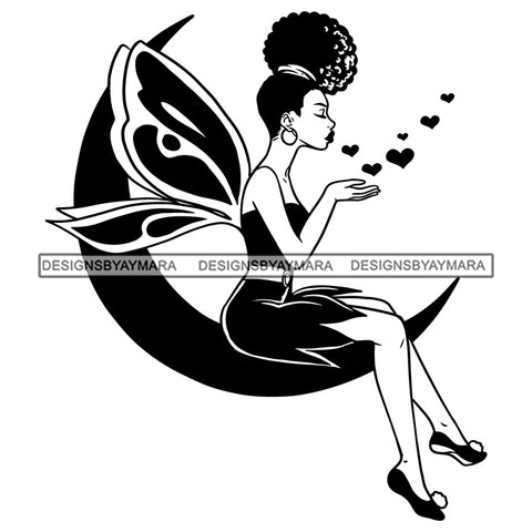 Black Fairy Sitting Moon Blowing Kisses Hearts Wings Fantasy Afro Woman Melanin Morena Bella Big Afro Puff Kinky Hair Designs For T-Shirt and Other Products SVG PNG JPG Cutting Files For Silhouette Cricut and More!