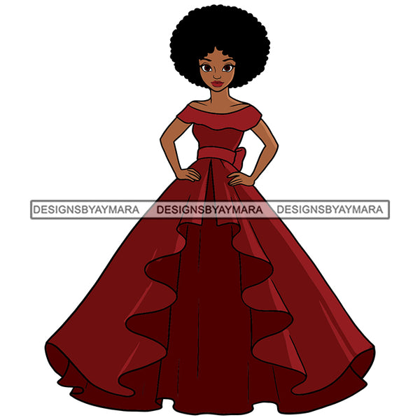 Black Princess Long Dress Afro Hairstyle Cartoon Illustration Hero's Fantasy Animation Fairy Black Figure Designs For T-Shirt and Other Products SVG PNG JPG Cutting Files For Silhouette Cricut and More!
