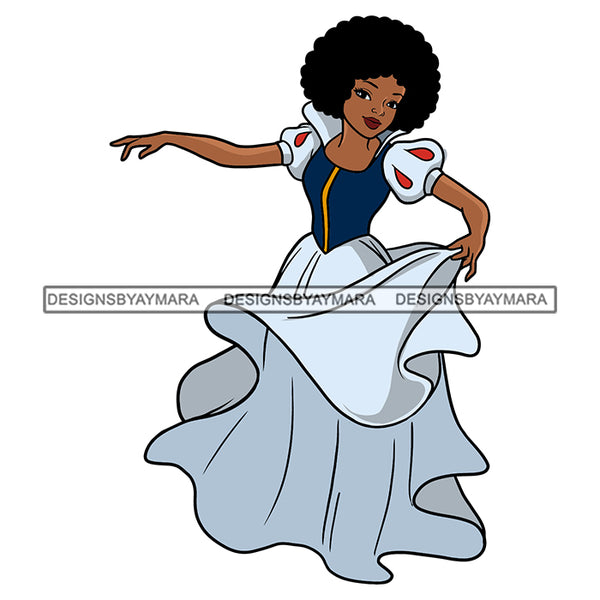 Black Princess Long Dress Afro Hairstyle Cartoon Illustration Hero's Fantasy Animation Fairy Black Figure Designs For T-Shirt and Other Products SVG PNG JPG Cutting Files For Silhouette Cricut and More!