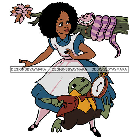 Black Princess Alice Wonderland Clock Animals Cartoon Illustration Hero's Fantasy Animation Fairy Black Figure Designs For T-Shirt and Other Products SVG PNG JPG Cutting Files For Silhouette Cricut and More!