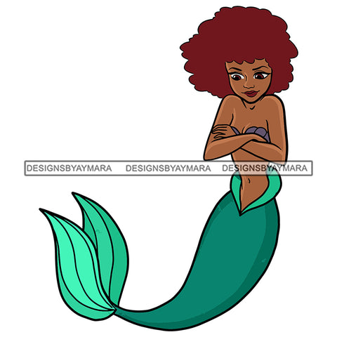 Black Princess Mermaid Green Tail Afro Red Hair Cartoon Illustration Hero's Fantasy Animation Fairy Black Figure Designs For T-Shirt and Other Products SVG PNG JPG Cutting Files For Silhouette Cricut and More!