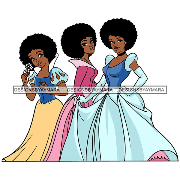 Black Princess Princesses Long Dress Afro Hairstyle Cartoon Illustration Hero's Fantasy Animation Fairy Black Figure Designs For T-Shirt and Other Products SVG PNG JPG Cutting Files For Silhouette Cricut and More!