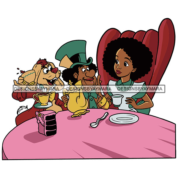 Black Princess Alice Animals Long Dress Afro Hairstyle Cartoon Illustration Hero's Fantasy Animation Fairy Black Figure Designs For T-Shirt and Other Products SVG PNG JPG Cutting Files For Silhouette Cricut and More!
