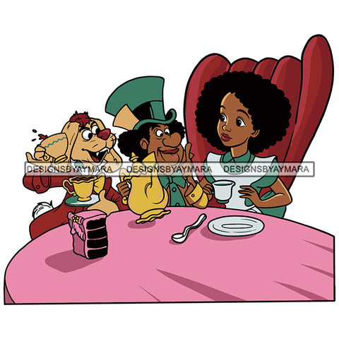 Black Princess Alice Animals Long Dress Afro Hairstyle Cartoon Illustration Hero's Fantasy Animation Fairy Black Figure Designs For T-Shirt and Other Products SVG PNG JPG Cutting Files For Silhouette Cricut and More!