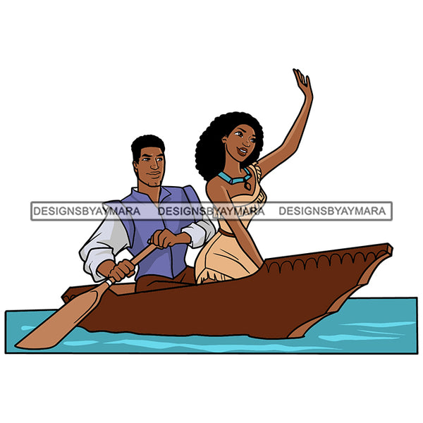 Black Princess Pocahontas Boat Prince Happy Afro Hairstyle Cartoon Illustration Hero's Fantasy Animation Fairy Black Figure Designs For T-Shirt and Other Products SVG PNG JPG Cutting Files For Silhouette Cricut and More!