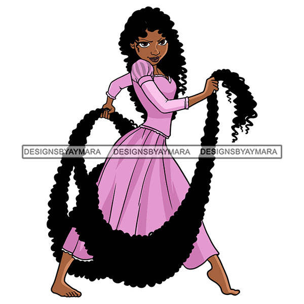 Black Princess Black Rapunzel Long Hair Curly Hairstyle Cartoon Illustration Hero's Fantasy Animation Fairy Black Figure Designs For T-Shirt and Other Products SVG PNG JPG Cutting Files For Silhouette Cricut and More!