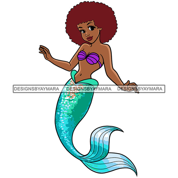Black Mermaid Jasmine Red Afro Hairstyle Green Tail Princess Cartoon Illustration Hero's Fantasy Animation Fairy Black Figure Designs For T-Shirt and Other Products SVG PNG JPG Cutting Files For Silhouette Cricut and More!