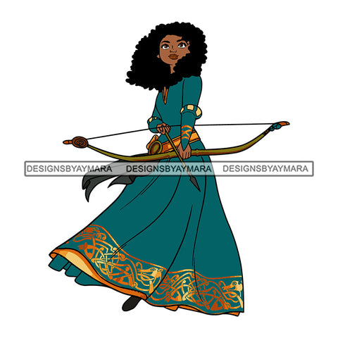 Black Princess Warrior Arrow Target Long Dress Afro Hairstyle Cartoon Illustration Hero's Fantasy Animation Fairy Black Figure Designs For T-Shirt and Other Products SVG PNG JPG Cutting Files For Silhouette Cricut and More!