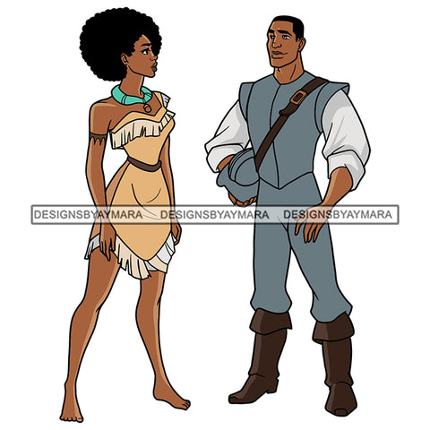Black Princess Pocahontas Girl Man Afro Hairstyle Cartoon Illustration Hero's Fantasy Animation Fairy Black Figure Designs For T-Shirt and Other Products SVG PNG JPG Cutting Files For Silhouette Cricut and More!