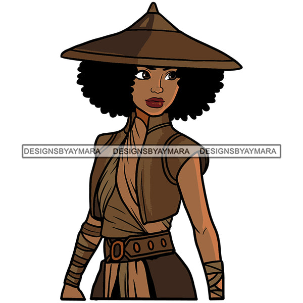 Black Princess Raya Chinese Hat Warrior Fighter Afro Hairstyle Cartoon Illustration Hero's Fantasy Animation Fairy Black Figure Designs For T-Shirt and Other Products SVG PNG JPG Cutting Files For Silhouette Cricut and More!