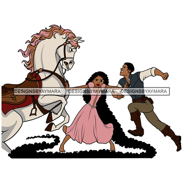 Black Princess Long Afro Hair Rapunzel Horse Boyfriend Cartoon Illustration Hero's Fantasy Animation Fairy Black Figure Designs For T-Shirt and Other Products SVG PNG JPG Cutting Files For Silhouette Cricut and More!