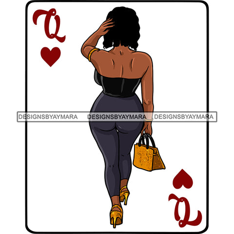 Queen Of Hearts Card Casino Poker Game Afro Woman Model Back View Heels Black Magic Curly Hair SVG Cutting Files For Silhouette Cricut