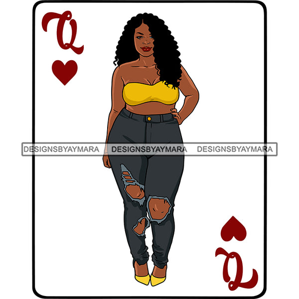 Queen Of Hearts Card Casino Poker Game Afro Thick Woman Model Heels Black Magic Afro Hair SVG Cutting Files For Silhouette Cricut More