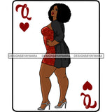 Queen Of Hearts Card Casino Poker Game Afro Thick Woman Model Heels Black Magic Red Dress Afro Hair SVG Cutting Files For Silhouette Cricut More