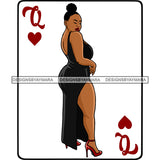 Queen Of Hearts Card Casino Poker Game Afro Thick Woman Model Heels Black Magic Black Dress Bun Hair SVG Cutting Files For Silhouette Cricut More