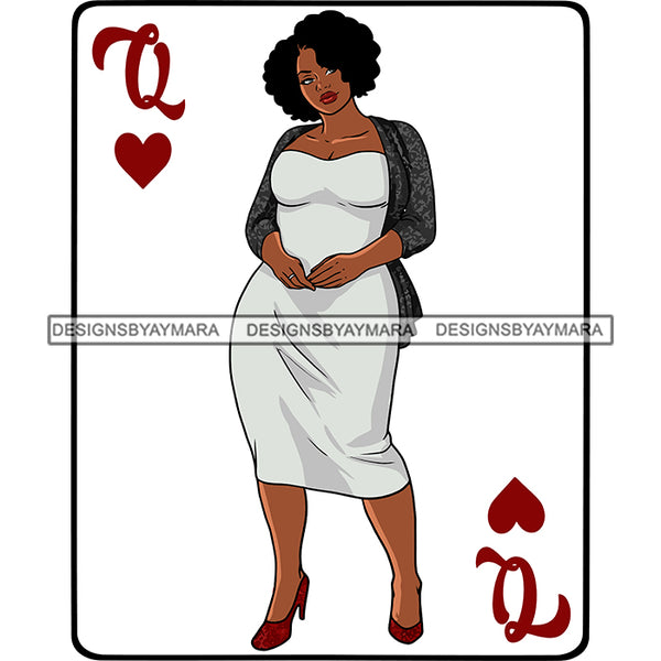 Queen Of Hearts Card Casino Poker Game Afro Thick Woman Model Heels Black Magic White Dress Afro Hair SVG Cutting Files For Silhouette Cricut More