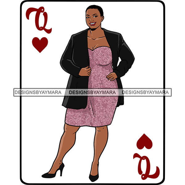 Queen Of Hearts Card Casino Poker Game Afro Thick Woman Model Heels Black Magic Purple Dress Short Hair SVG Cutting Files For Silhouette Cricut More