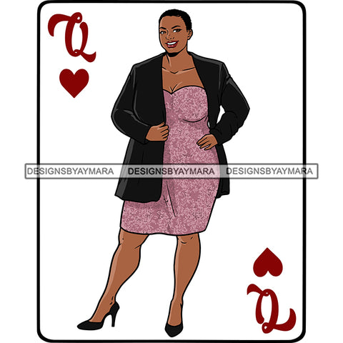 Queen Of Hearts Card Casino Poker Game Afro Thick Woman Model Heels Black Magic Purple Dress Short Hair SVG Cutting Files For Silhouette Cricut More