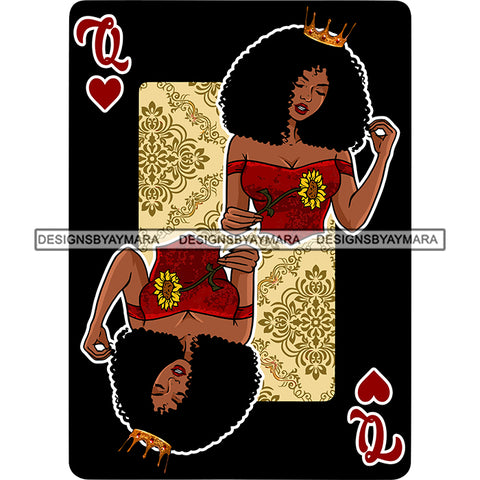 Queen Of Hearts Card Casino Poker Game Afro Woman Crown Flower Black Background Afro Hair SVG Cutting Files For Silhouette Cricut More