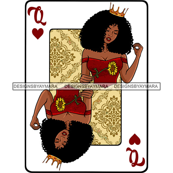 Queen Of Hearts Card Casino Poker Game Afro Woman Crown Flower Tan Background Afro Hair SVG Cutting Files For Silhouette Cricut More