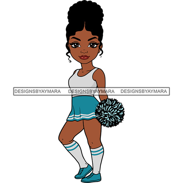 Afro Girl Cheerleader White Blue Uniform White Long Socks Pom Poms Up Do Hairstyle SVG JPG PNG Vector Clipart Cricut Silhouette Cut Cutting