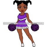 Afro Girl Cheerleader Purple White Uniform Pom Poms Pigtails Hairstyle SVG JPG PNG Vector Clipart Cricut Silhouette Cut Cutting