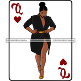 Queen Of Hearts Card Casino Poker Game Afro Thick Woman Model Heels Black Magic Black Dress Up Do Bun Hair SVG Cutting Files For Silhouette Cricut More