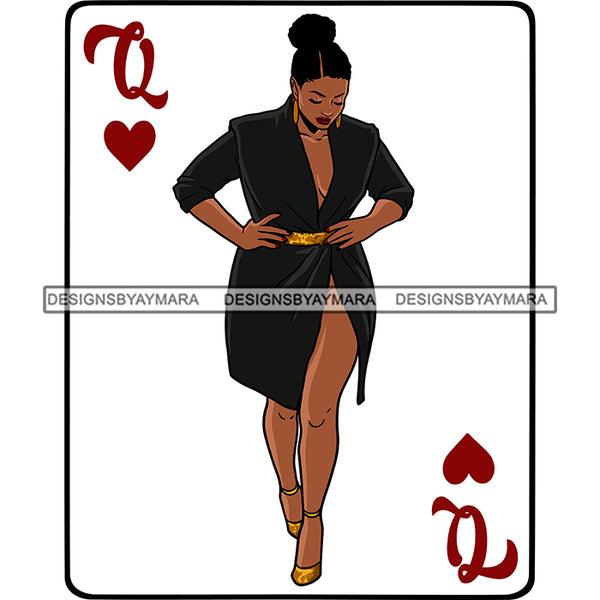 Queen Of Hearts Card Casino Poker Game Afro Thick Woman Model Heels Black Magic Black Dress Up Do Bun Hair SVG Cutting Files For Silhouette Cricut More