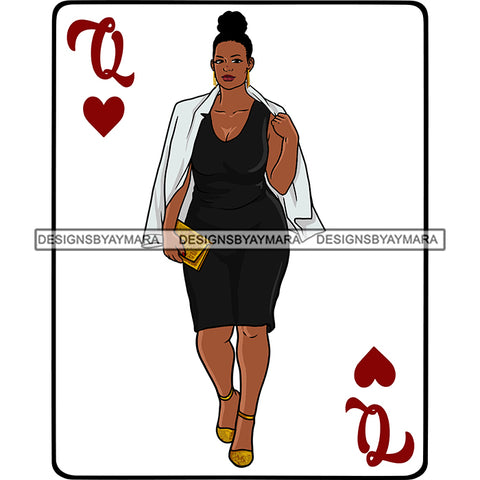 Queen Of Hearts Card Casino Poker Game Afro Thick Woman Model Heels Black Magic Black Dress White Jacket Up Do Bun Hair SVG Cutting Files For Silhouette Cricut More