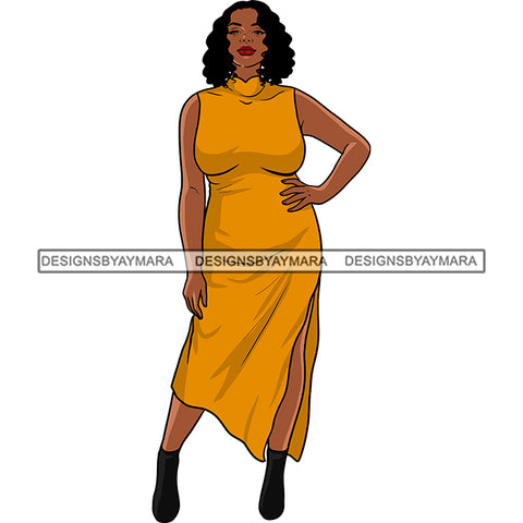 Afro Woman Model Thick Sexy Yellow Dress Diva Nubian Black Girl Magic Curly Hair SVG JPG PNG Cutting Files For Silhouette Cricut