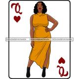 Queen Of Hearts Card Casino Poker Game Afro Thick Woman Model Heels Black Magic Yellow Dress Curly Hair SVG Cutting Files For Silhouette Cricut More