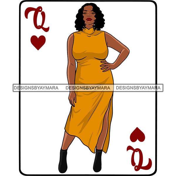 Queen Of Hearts Card Casino Poker Game Afro Thick Woman Model Heels Black Magic Yellow Dress Curly Hair SVG Cutting Files For Silhouette Cricut More