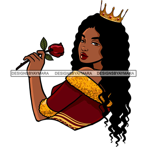 Afro Sexy Queen Black Woman Wearing Crown Flower Melanin Long Curly Hairstyle SVG Cutting Files For Silhouette Cricut More