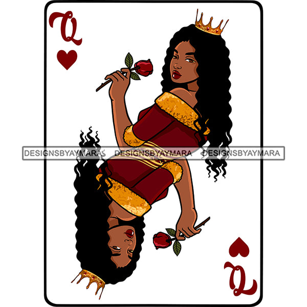 Queen Of Hearts Card Casino Poker Afro Woman Upside Down Crown Flower Long Hairstyle SVG Cutting Files For Silhouette Cricut More