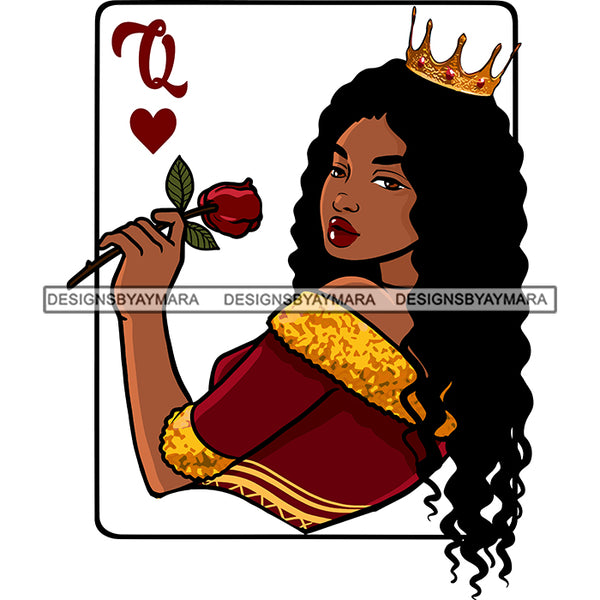 Queen Of Hearts Card Casino Poker Afro Woman Crown Rose Long Hairstyle SVG Cutting Files For Silhouette Cricut More