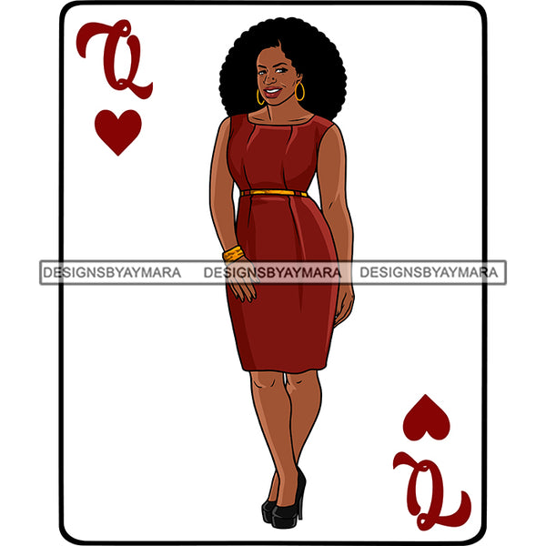 Queen Of Hearts Card Casino Poker Game Afro Thick Woman Model Heels Black Magic Red Dress Afro Hair SVG Cutting Files For Silhouette Cricut More