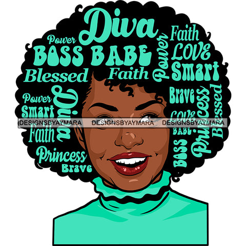 Afro Attractive Lady Smiling Aqua Hair Quotes Portrait Nubian Melanin Afro Hair Style SVG PNG JPG Cutting Files For Silhouette Cricut More