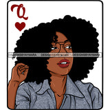Queen Of Hearts Card Casino Poker Game Afro Woman Blue Top Glasses Model Black Magic Afro Hair SVG JPG PNG Cutting Files For Silhouette Cricut More