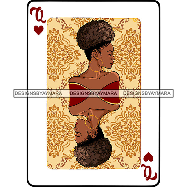 Queen Of Hearts Card Casino Poker Game Afro Woman Tan Background Puffy Bun Hair SVG Cutting Files For Silhouette Cricut More