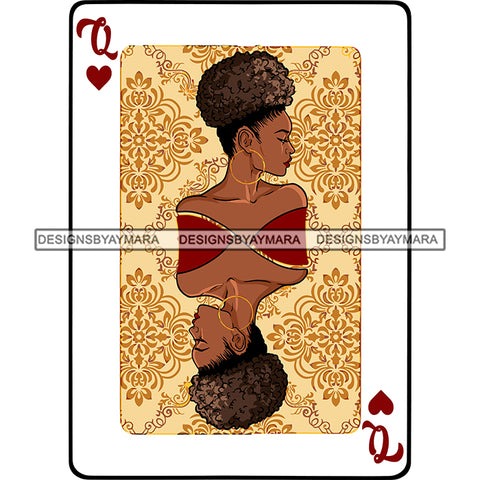 Queen Of Hearts Card Casino Poker Game Afro Woman Tan Background Puffy Bun Hair SVG Cutting Files For Silhouette Cricut More