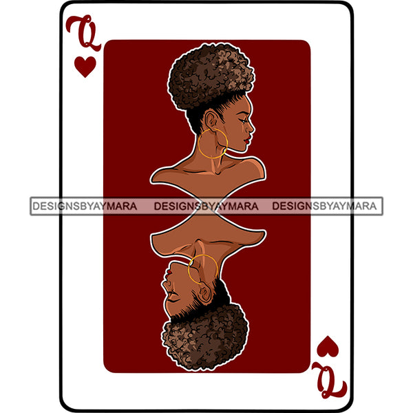 Queen Of Hearts Card Casino Poker Game Afro Woman Red Background Puffy Bun Hair SVG Cutting Files For Silhouette Cricut More