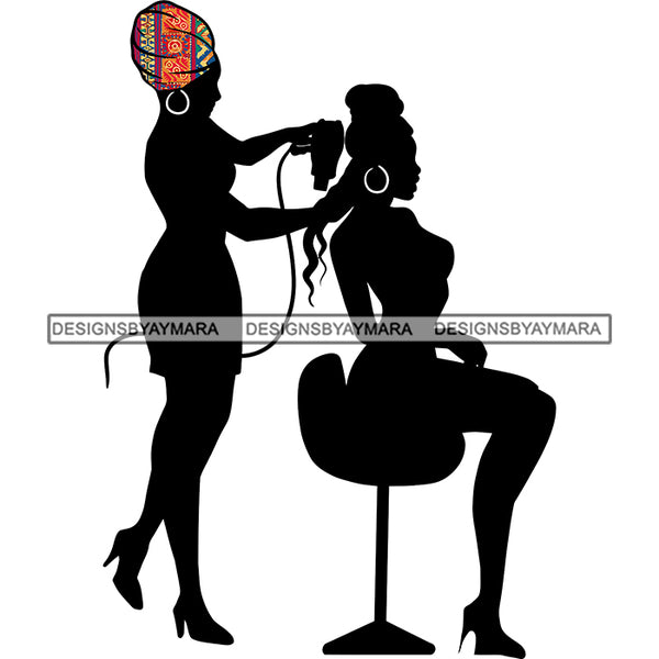 Afro Women Hair Stylist Black Silhouette Beauty Salon Hair Dresser Orange Turban SVG PNG JPG Cutting Files For Silhouette and Cricut