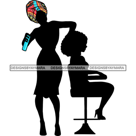 Afro Women Hair Stylist Black Silhouette Beauty Salon Hair Dresser Spray Colorful Turban SVG PNG JPG Cutting Files For Silhouette and Cricut