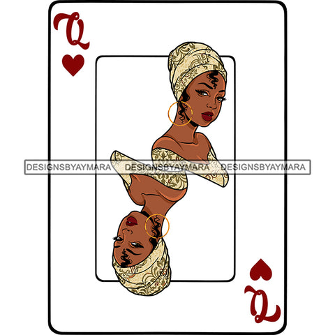 Queen Of Hearts Card Casino Poker Game Afro Woman Matching Dress Turban SVG Cutting Files For Silhouette Cricut More