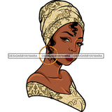 Afro Sexy Black Woman Profile Portrait Hoop Earrings Tan Matching Dress Turban SVG Cutting Files For Silhouette Cricut More