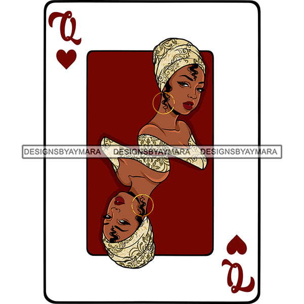 Queen Of Hearts Card Casino Poker Game Afro Woman Matching Dress Turban Red Background SVG Cutting Files For Silhouette Cricut More