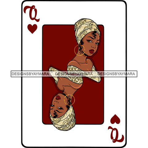 Queen Of Hearts Card Casino Poker Game Afro Woman Matching Dress Turban Red Background SVG Cutting Files For Silhouette Cricut More