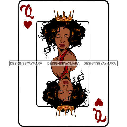 Queen Of Hearts Crown Card Casino Poker Game Upside Down Afro Woman Curly Hairstyle SVG Cutting Files For Silhouette Cricut More