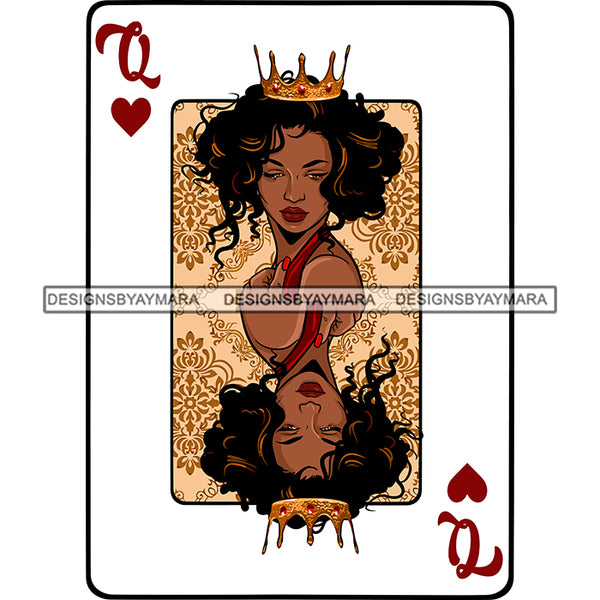 Queen Of Hearts Crown Card Casino Poker Game Upside Down Tan Background Afro Woman Curly Hairstyle SVG Cutting Files For Silhouette Cricut More